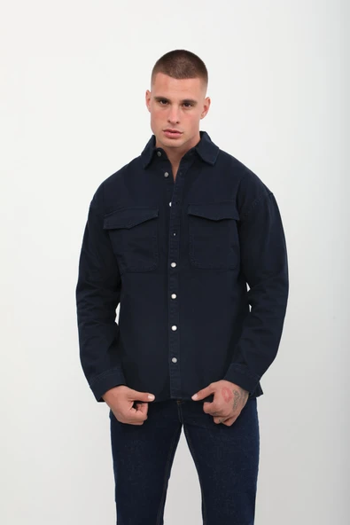 Erkek Oversize Jean Gömlek Lacivert - Resim 2