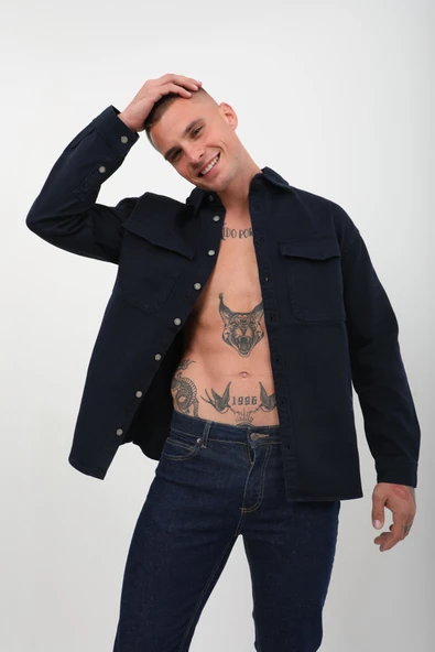 Erkek Oversize Jean Gömlek Lacivert - Resim 5