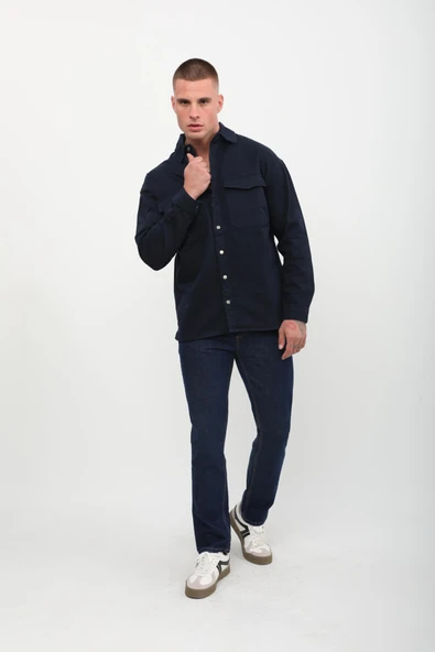 Erkek Oversize Jean Gömlek Lacivert - Resim 3