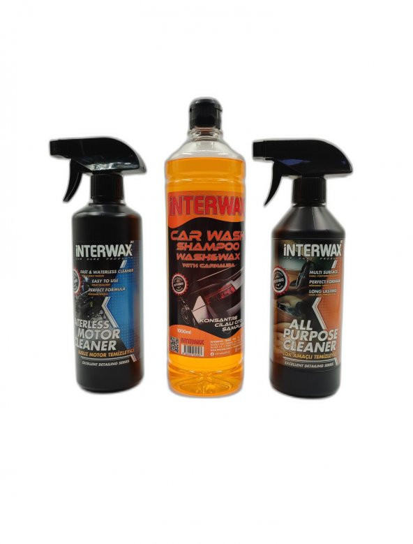 İNTERWAX 3lü SET SUSUZ MOTOR TEMİZLEYİCİ 500 ML + ÇOK AMAÇLI DÖŞEME TEMİZLEYİCİ 500 ML + CİLALI OTO ŞAMPUANI 1000 ML. ürün görseli 1