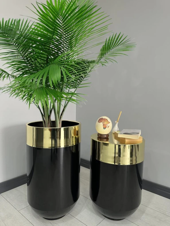 Dekoratif Gold Darbuka Parlak Siyah Saksı 70cm + Sehpa 60cm İkili Set ürün görseli 1