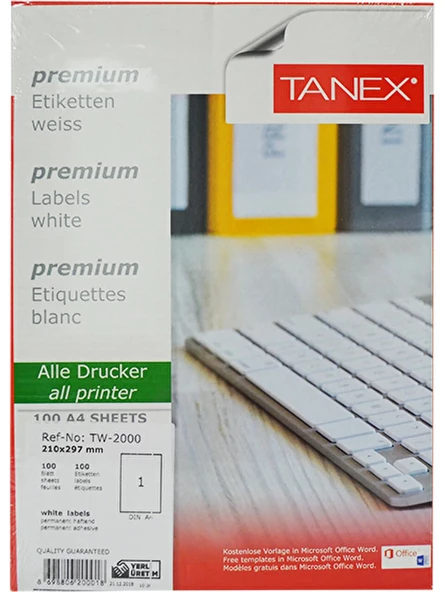 Tanex TW-2000 Hazır Etiket A4 210x297 mm Lazer Etiket 100 Adet ürün görseli 1