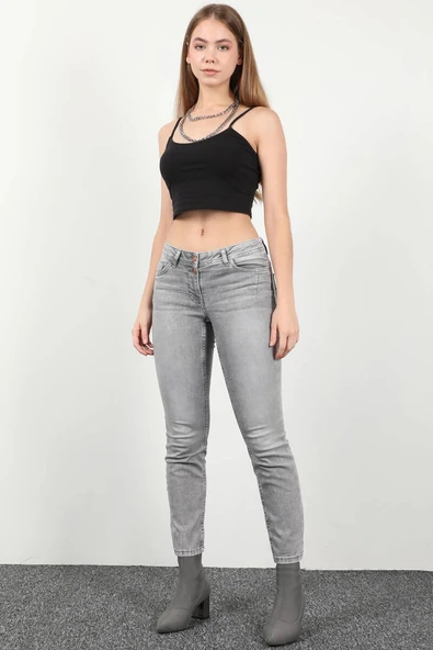 Kadın Likralı Çift Düğmeli Slim Fit Jean Pantolon Gri ürün görseli 1