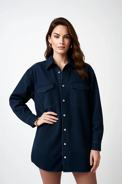 Kadın Oversize Jean Gömlek Lacivert - Resim 2