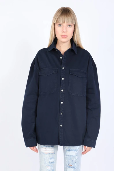 Kadın Oversize Jean Gömlek Lacivert - Resim 7