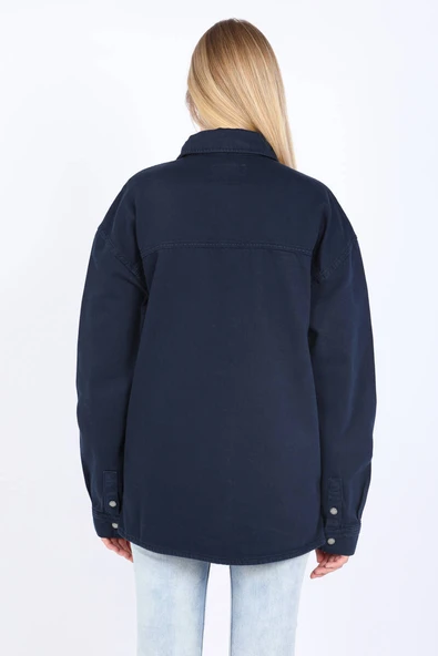 Kadın Oversize Jean Gömlek Lacivert - Resim 8
