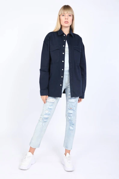 Kadın Oversize Jean Gömlek Lacivert - Resim 5