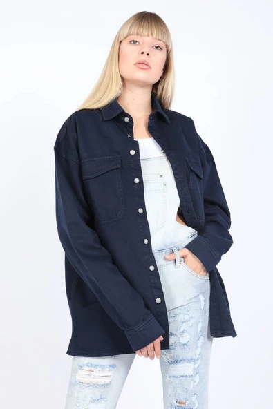 Kadın Oversize Jean Gömlek Lacivert - Resim 3