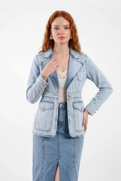 Kadın Uzun Kollu Tek Düğmeli Jean Ceket Açık Mavi ürün görseli 1
