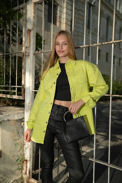 Kadın Oversize Jean Gömlek Neon Yeşil - Resim 3