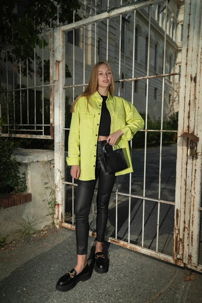 Kadın Oversize Jean Gömlek Neon Yeşil - Resim 4