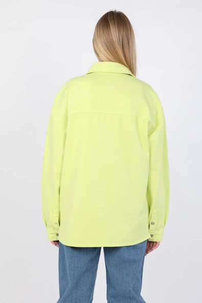 Kadın Oversize Jean Gömlek Neon Yeşil - Resim 9