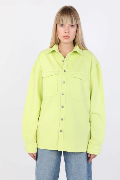 Kadın Oversize Jean Gömlek Neon Yeşil - Resim 8