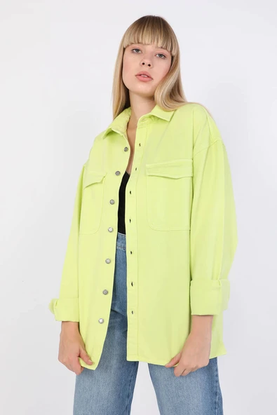 Kadın Oversize Jean Gömlek Neon Yeşil - Resim 2