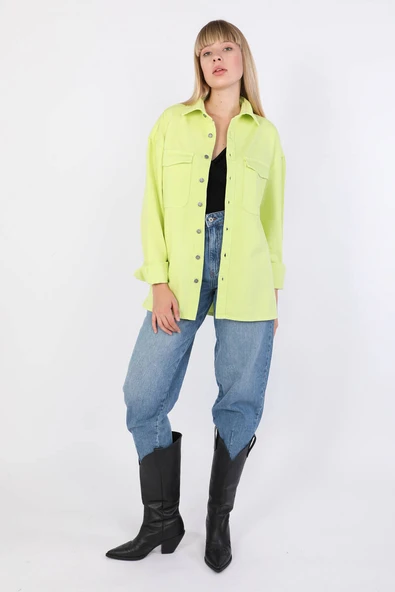 Kadın Oversize Jean Gömlek Neon Yeşil - Resim 6