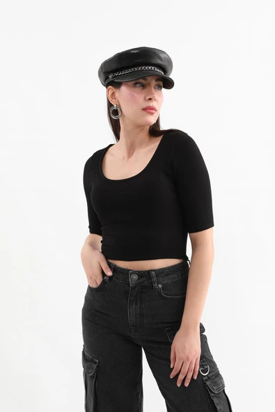 Yarım Kol Fitilli Crop Top Siyah ürün görseli 1
