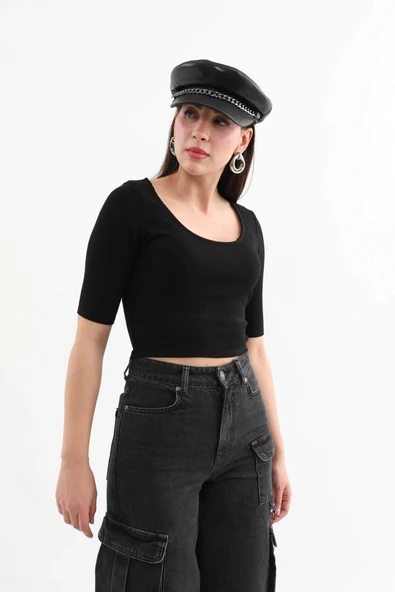 Yarım Kol Fitilli Crop Top Siyah - Resim 4