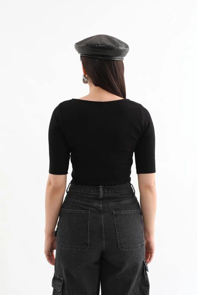 Yarım Kol Fitilli Crop Top Siyah - Resim 8