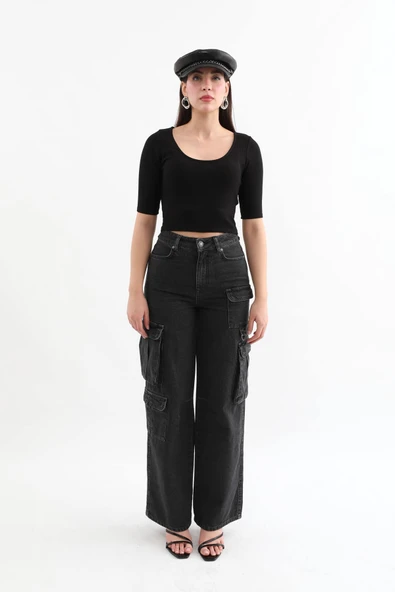 Yarım Kol Fitilli Crop Top Siyah - Resim 3