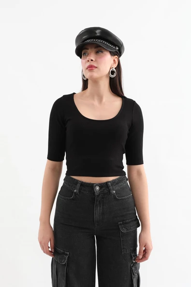 Yarım Kol Fitilli Crop Top Siyah - Resim 2