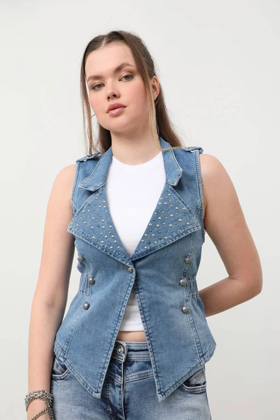 Kadın Taşlı Slim Fit Yelek - Resim 8