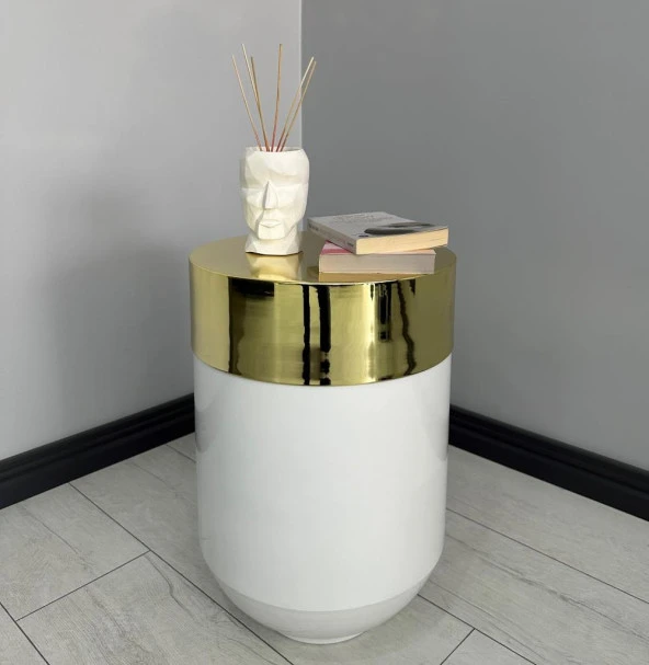 Dekoratif Gold Darbuka Parlak Beyaz Sehpa 60cm ürün görseli 1