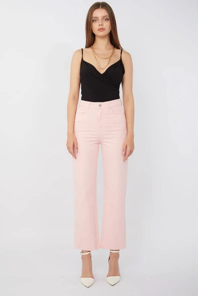 Kadın Basic Paçası Kesik Jean Pantolon Pembe - Resim 5