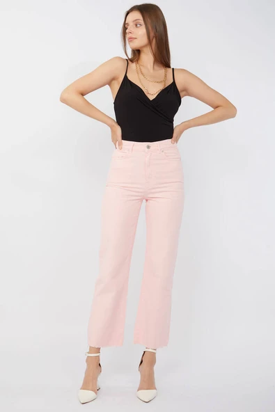 Kadın Basic Paçası Kesik Jean Pantolon Pembe - Resim 2