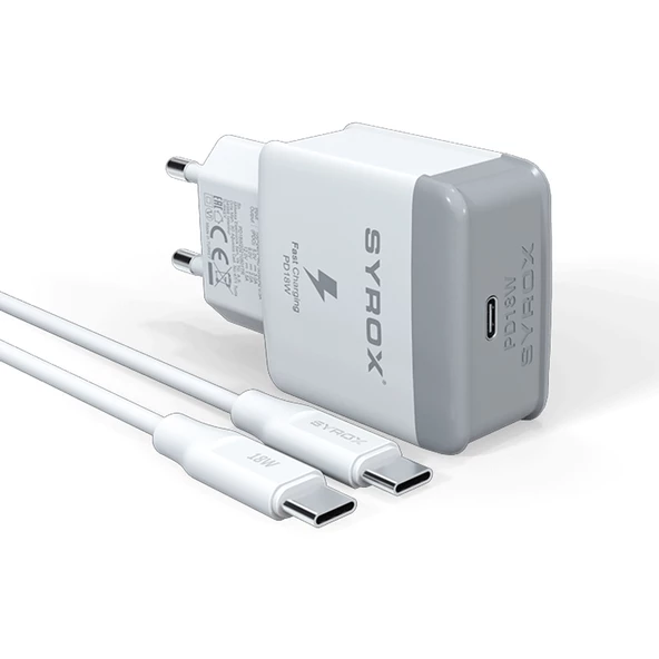Syrox PD18T Type-C to Type-C Kablolu 18W PD 3A Hızlı Şarj Aleti Set ürün görseli 1