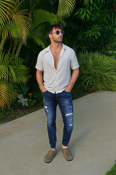 Erkek Skinny Fit Boya Detaylı Jean Koyu Mavi ürün görseli 1
