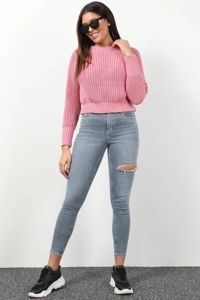 Kadın Yüksek Bel Yırtık Detaylı Skinny Fit Jean Pantolon Mavi ürün görseli 1
