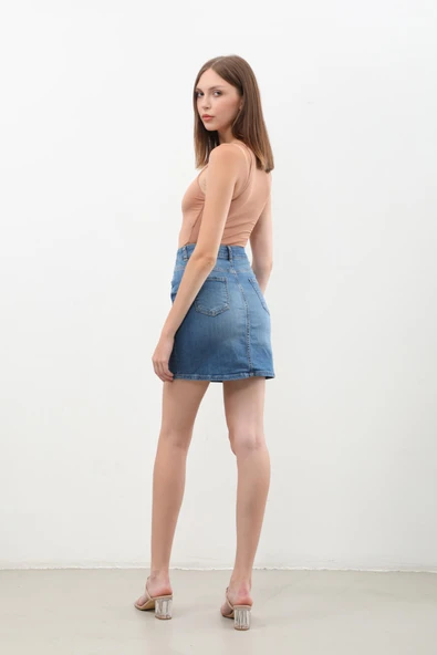 Kadın Mavi Mini Jean Etek - Resim 12