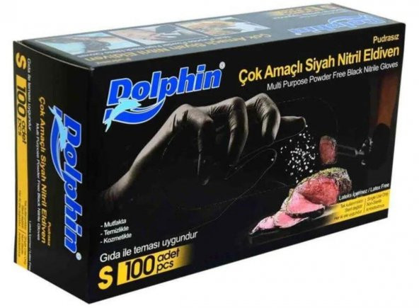 Dolphin Tek Kullanımlık Lateks Siyah Pudrasız Nitril Muayne Eldiveni Small Küçük Boy - 100'lü Paket ürün görseli 1