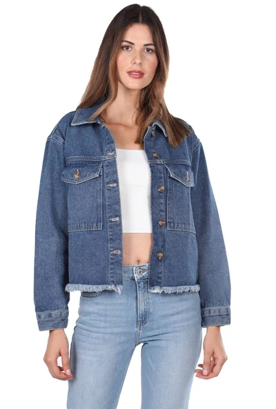 Blue White Cepli Kadın Jean Ceket - Resim 2