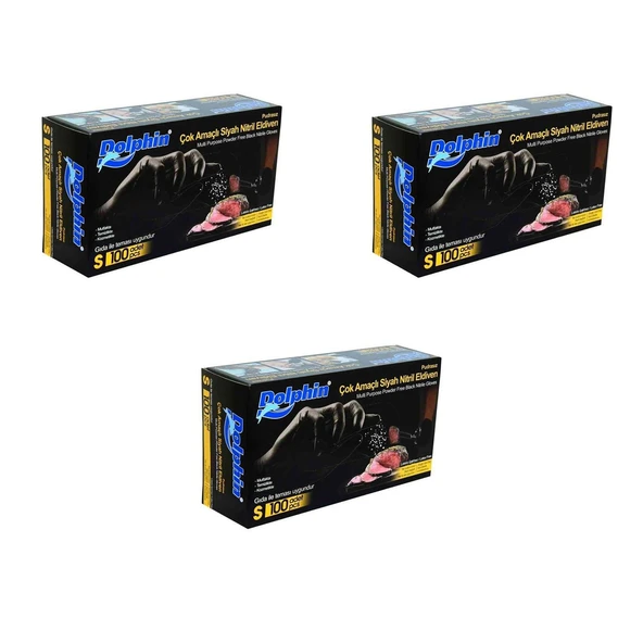 Dolphin Tek Kullanımlık Lateks Siyah Pudrasız Nitril Muayne Eldiveni Small Küçük Boy - 100'lü 3Paket ürün görseli 1