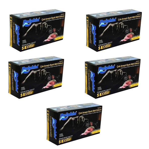 Dolphin Tek Kullanımlık Lateks Siyah Pudrasız Nitril Muayne Eldiveni Small Küçük Boy - 100'lü 5Paket ürün görseli 1