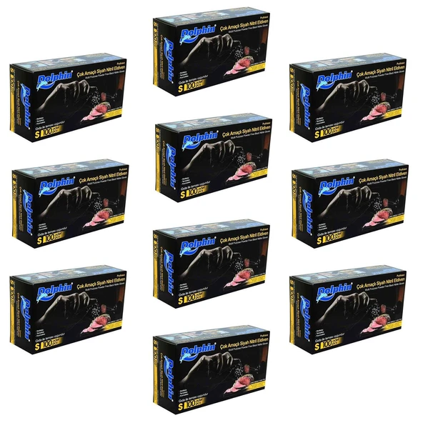 Dolphin Tek Kullanımlık Lateks Siyah Pudrasız Nitril Muayne Eldiveni Small Boy - 100'lü 10 Paket ürün görseli 1