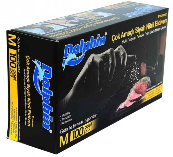 Dolphin Tek Kullanımlık Lateks Siyah Pudrasız Nitril Muayne Eldiveni Meidum Orta Boy - 100'lü Paket ürün görseli 1