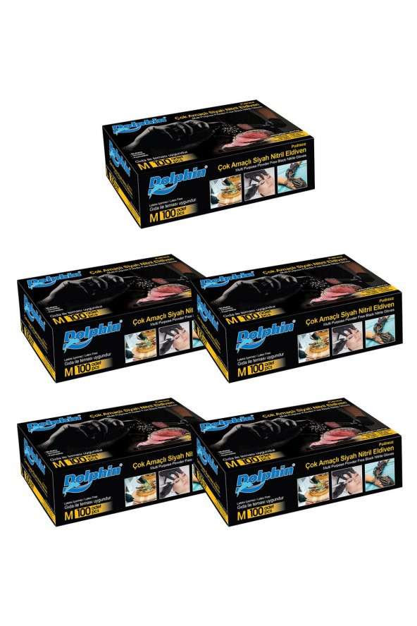 Dolphin Tek Kullanımlık Lateks Siyah Pudrasız Nitril Muayne Eldiveni Meidum Orta Boy - 100'lü 5Paket ürün görseli 1