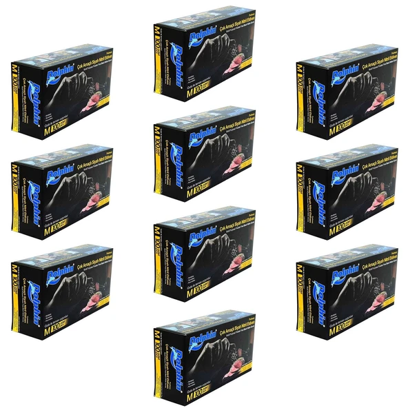 Dolphin Tek Kullanımlık Lateks Siyah Pudrasız Nitril Muayne Eldiveni Meidum - 100'lü 10 Paket ürün görseli 1