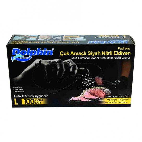 Dolphin Tek Kullanımlık Lateks Siyah Pudrasız Nitril Muayne Eldiveni Large Büyük Boy - 100'lü Paket ürün görseli 1