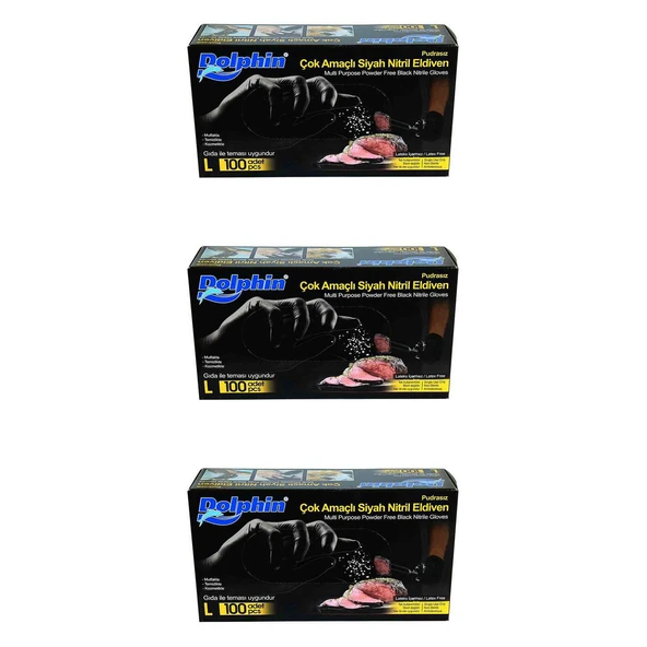 Dolphin Tek Kullanımlık Lateks Siyah Pudrasız Nitril Eldiven Large Büyük Boy -100'lü 3Paket ürün görseli 1