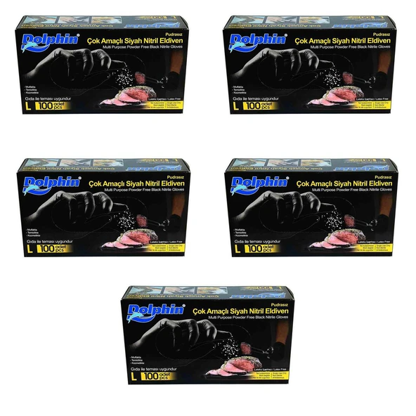Dolphin Tek Kullanımlık Lateks Siyah Pudrasız Nitril Eldiven Large Büyük Boy -100'lü 5Paket ürün görseli 1