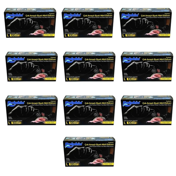 Dolphin Tek Kullanımlık Lateks Siyah Pudrasız Nitril Muayne Eldiveni Large - 100'lü 10 Paket ürün görseli 1