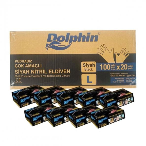 Dolphin Tek Kullanımlık Lateks Siyah Pudrasız Nitril Muayne Eldiveni Large - 100'lü 20 Paket ürün görseli 1