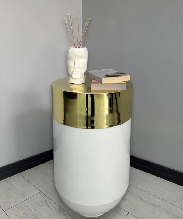 Dekoratif Gold Darbuka Parlak Beyaz Sehpa 70cm ürün görseli 1