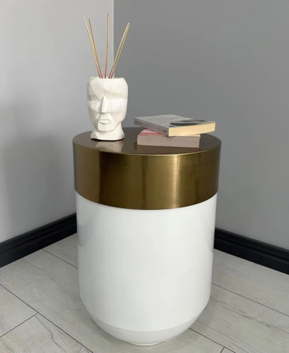 Dekoratif Eskitme Darbuka Parlak Beyaz Sehpa 60cm ürün görseli 1