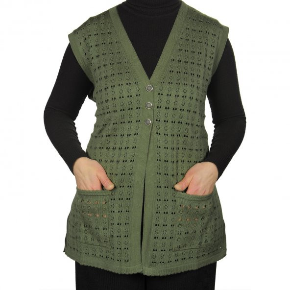 Fresh&Moda Kadın Haki Yeşil Merserize Yelek - Resim 2