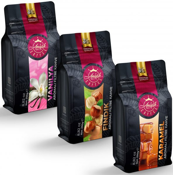 Anisah Coffee Aromalı Öğütülmüş Filtre Kahve Seti 3x250gr Fındık, Vanilya, Karamel ürün görseli 1