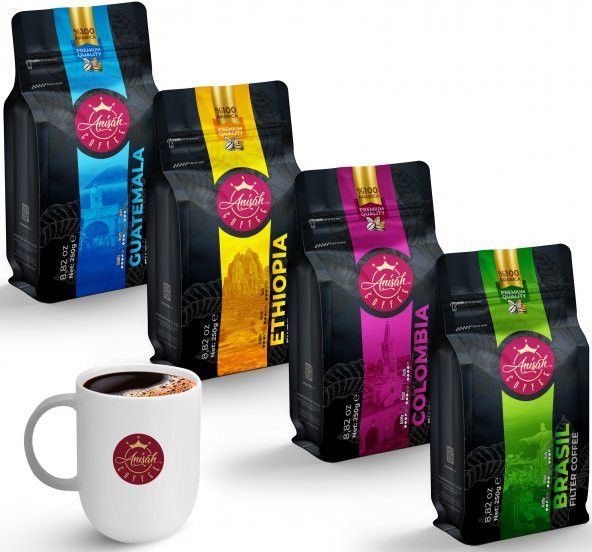 Anisah Coffee Kupa Hediyeli Öğütülmüş Filtre Kahve Seti 4x250gr Guatemala, Ethiopia, Colombia, Brasil ürün görseli 1
